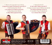 Dreizehn Liedtitel und Dauer, darunter "In letzter Minut’ 02:38". Drei Männer in Tracht mit Instrumenten, logo "TYROLIS music".