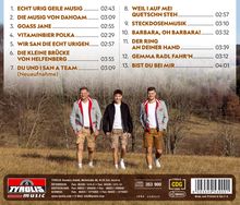 CD-Titelliste: 13 Lieder, darunter "Echt Urig Geile Musig" und "Die Musig von Dahoam". Drei Männer in Lederhosen auf einer Wiese.