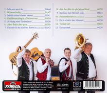 Titelliste eines Musikalbums mit 13 Liedern und Zeiten. Unten eine Band mit Instrumenten, ein Logo und Kontaktdaten.