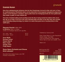 Text über "Gramola Ikonen" und Aufnahmen, Puccinis "La Bohème". Details zu Künstlern und Produktion. Logo "Gramola" oben rechts.