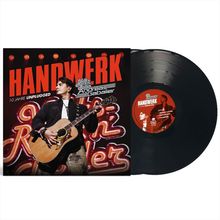 "HANDWERK", "10 Jahre Unplugged", "Volks Rock'n'Roller Andreas Gabalier". Person mit Gitarre vor Leuchtschrift. Vinyl-Platte.