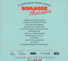Text: "Es wird besser, besser, besser SCHLAGER Therapie..."  
Liste mit 12 Titeln. Unten verschiedene Logos. Hintergrund hellblau.