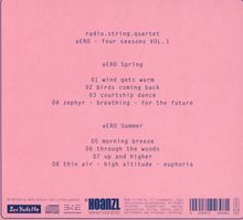 radio.string.quartet aERO - four seasons VOL.1; aERO Spring, aERO Summer, Trackliste auf rosa Hintergrund.