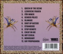 1. QUEEN OF THE SCENE  
2. LESBISCHE FRAUEN  
3. FÜR IMMER  
4. GENDER POLICE  
5. BLAMAGE  
Logo am Rand, Glitzerrahmen, bunte Streifen.