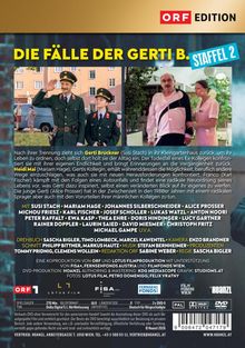 OBEN: ORF EDITION. 
TITEL: DIE FÄLLE DER GERTI B. STAFFEL 2. 
Zwei Bilder: Polizisten, eine Frau mit Begleitperson. 
Text: Nach ihrer Trennung zieht sich Gerti Bruckner [...] 

UNTER: Susi Stach, Mariam Hage [...] und weitere Namen. 
Technische Informationen und Logos: ORF, LTV.