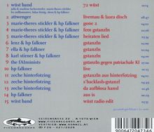 Trackliste mit Künstlernamen und Titeln. Unten Adressangaben, Website und Barcode. Logo links mit Fischabbildung.
