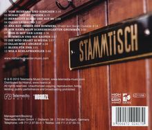 Trackliste mit 12 Titeln und eine Holztafel mit dem Wort "STAMMTISCH". Enthält Kontaktinformationen und Logos.
