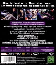 Texte:
"Einer ist knallhart... Einer ist gerissen... Zusammen entfesseln sie explosive Action!"  
"In diesem Buddy-Cop-Film muss sich Action-Legende CHUCK NORRIS mit einem Hund zusammenraufen."

Bildbeschreibung:
Oben sind Sequenzen aus dem Film. Rechts unten ist ein FSK-12-Logo.