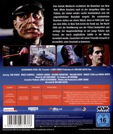 "Eine brutale Mordserie erschüttert die Bewohner von New York." Oben ist ein Bild eines blutverschmierten Polizisten.