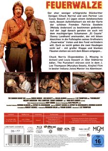 Titel: “Feuerwalze”. Chuck Norris und Louis Gossett Jr. als Schatzsucher. Actionfilm im Stil von Indiana Jones. Darunter Filminfos.