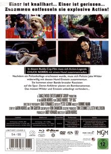 Einer ist knallhart... Einer ist gerissen... Zusammen entfesseln sie explosive Action! Bilder von Menschen und einem Hund.