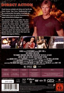 "Direct Action" ist der Titel. Oben: Beschreibung der Handlung. Unten: Laufzeit, Bildformat, Untertitel. Rechts: FSK 18.