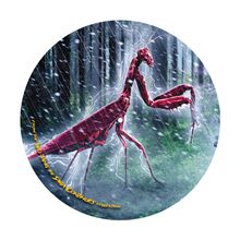 Text: "FROM THE LAVA PLANET THE SAGA CONTINUES COLLECTION." Illustration: Rote Gottesanbeterin im Regen, Wald und Blitze im Hintergrund.