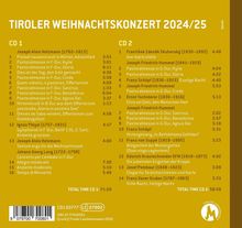 "Tiroler Weihnachtskonzert 2024/25" steht oben. Eine Liste von Musikstücken auf zwei CDs folgt, mit Komponisten und Dauer. Rechts unten ist ein M-Logo.