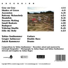 ASCENSION. Titelliste mit Zeitangaben. Besetzung: Gitarre, Kontrabass, Schlagzeug. Foto von leeren Stühlen im Gras.