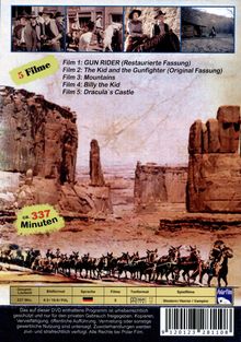 Oben: "5 Filme" - Western-Szenen. Unten: "ca. 337 Minuten" - Kutsche in einer felsigen Landschaft, Westernstil.