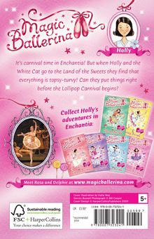 "Magic Ballerina" und "Holly". Oberer Text beschreibt eine Geschichte über Holly im Land der Süßigkeiten. Unten sechs Buchcover.