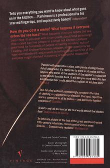Rückseite eines Buches mit Lobpreisungen und Fragen zum Restaurantbetrieb, ISBN 978-0-09-958738-5. VINTAGE Logo unten.
