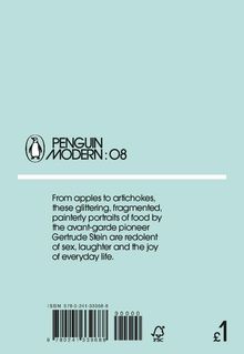 Ein türkisfarbener Buchrücken mit dem Text: "PENGUIN MODERN: 08". Text über Gertrude Stein und Essen. Preis: £1.
