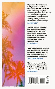 Zitate von Rachel Wolf, Kate Sawyer, Julie Owen Moylan und Katie Bishop. Links Palmen vor einem rosa-orangefarbenen Himmel.