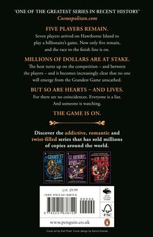Text über einem Buch: 

Fünf Spieler verbleiben. Millionen Dollar stehen auf dem Spiel. Herzen und Leben ebenso. Das Spiel läuft.

Unten: Buchcover und Preis £9.99.