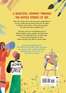 "A BEAUTIFUL JOURNEY THROUGH THE UNTOLD STORIES OF ART." Frauen mit Schild "WOMEN UNITE", Pinsel und Staffelei, farbenfroh.