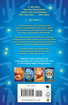 Texte: "It was real. The new holograms aren’t just holograms. They can talk... and think. But how?" 

Beschreibung: Ein blaues Layout mit Buchcovern und einem Barcode am unteren Rand.