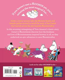 "If you haven't met a MOOMIN yet, you're missing the most magical fun…" Bild: Zeichentrickfiguren, rosa Hintergrund.