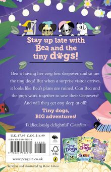 "Stay up late with Bea and the tiny dogs!" Text mit Illustrationen von Hunden mit Schlafmützen und dekorativen Pflanzen.