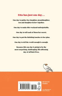 "Etta has just one day..." steht groß. Darunter Text über Etta und ihre Pläne. Illustration eines Vogels auf orangefarbenem Hintergrund.