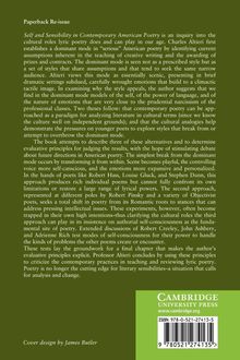 "Paperback Re-issue" ist oben links aufgeführt. Darunter folgt eine lange Beschreibung des Buches "Self and Sensibility in Contemporary American Poetry". Unten rechts ist ein Logo von "Cambridge University Press" neben einem Barcode-Bereich.