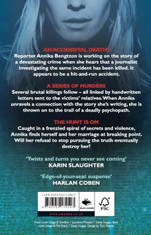 Texte beschreiben einen Krimi über Annika Bengtzon. Sie deckt einen Unfall mit Mordfolge auf. Zitate loben Spannung. Oben unscharfe Frau.