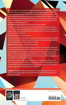 Ein Buchcover mit einem abstrakten, farbenfrohen geometrischen Hintergrund. Der Text beschreibt das Werk von Wolfgang Vondey über Pfingsttheologie und hebt Expertenmeinungen hervor. Er betont die Wichtigkeit und Relevanz des Buches für Studenten und Forscher.