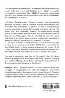 Text über den Einfluss von COVID-19 auf globale Ungleichheiten. Erwähnung von Ländern, Autoren und Buchthemen. Brookings-Logo unten.