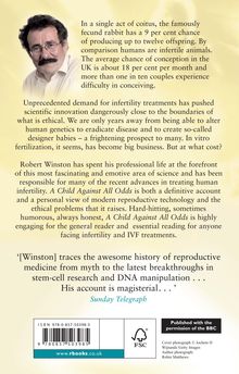Texte: "In a single act of coitus...", "Unprecedented demand for infertility treatments...", "Robert Winston has spent...", "‘[Winston] traces the awesome history...". Oben links ist das Porträt eines Mannes. Unten ISBN und FSC-Logo.