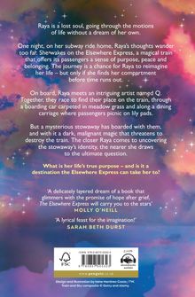 Ein mystisches, farbenfrohes Design mit Sternen. Texte beschreiben eine magische Zugreise: "Elsewhere Express" und Herausforderungen. Zitate von Molly O’Neill und Sarah Beth Durst preisen das Buch. ISBN, Preis und Logo unten.