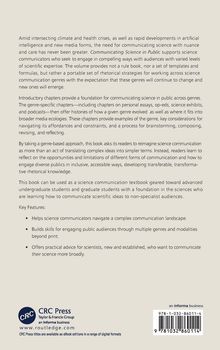 Texte beschreiben die Notwendigkeit, wissenschaftliche Kommunikation zu verbessern, indem verschiedene Genres genutzt werden. Es werden Schlüsselmerkmale und Kapitelinhalte erwähnt. Unten links ist ein Logo von CRC Press.