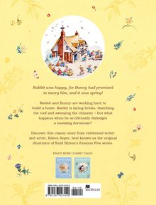 "Rabbit was happy, for Bunny had promised to marry him, and it was spring!" Illustration eines Landhauses mit Tieren, die arbeiten.