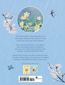 Text über eine Reise eines Dormouse auf der Suche nach dem Regenbogenfuß. Illustration: Fluss mit Blumen.