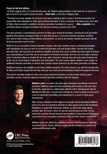 Ein Buchrückentext mit Lob für eine Erstausgabe. Darin wird das Buch als wertvolle Ressource für technische Animation beschrieben. Es bietet einen umfassenden Überblick über technische Animation in Videospielen und enthält Fallstudien und Beispiele. Am unteren Rand ist das Logo von CRC Press.