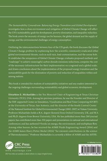 Der Text beschreibt ein Buch über Nachhaltigkeit, Energie und globale Entwicklung, und hebt den Autor Efstathios E. Michaelides hervor. Es enthält Informationen zu Umweltherausforderungen und Lösungen, sowie der Verbindung zu UN-Zielen. Unten ist ein Logo von CRC Press.