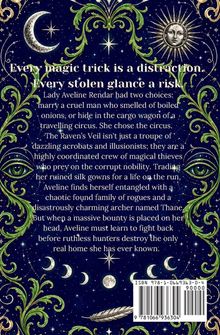 Ein Zitat: "Every magic trick is a distraction. Every stolen glance a risk." Sternenhimmel mit grünem, verschnörkeltem Muster.