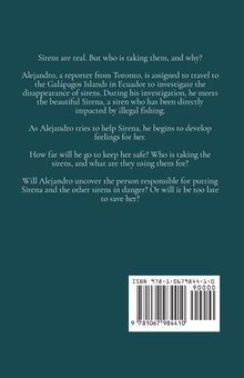Ein Text beschreibt die Geschichte von Alejandro, der Sirenen auf den Galápagos-Inseln sucht und Gefühle für Sirena entwickelt. Unten ein ISBN-Barcode.