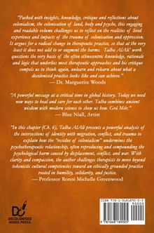 Texte von Dr. Marguerite Woods, Blue Niall und Professor Ronni Michelle Greenwood loben Talha AlAli's Buch über Kolonialismus. Links unten ist das Logo von "Decolonised Minds Press". Der Hintergrund ist orange.
