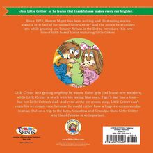 Oben: "Join Little Critter® as he learns that thankfulness makes every day brighter." Illustration: Zwei pelzige Figuren.