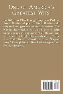 Text: "One of America's Greatest Wits!" Beschreibung von Dorothy Parkers erstem Gedichtband "Enough Rope" mit Lob. Brauner Hintergrund.