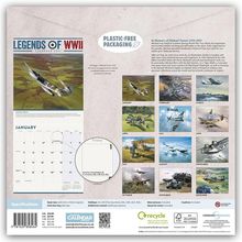 Titel: "Legends of WWII Calendar 2024". "Plastic-Free Packaging". Zwölf Bilder historischer Flugzeuge. Links Monatsübersicht Januar.