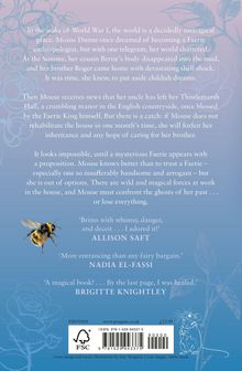 Texte:
- "In the wake of World War I, the world is a decidedly unmagical place..."
- Zitate von ALLISON SAFT, NADIA EL-FASSI, BRIGITTE KNIGHTLEY.
Illustration einer Biene und eine Maus auf floralen Mustern.