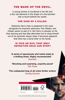 Der Text beschreibt eine Mordermittlung in Oslo mit Detective Harry Hole und zitiert Kritiken von Guardian, Times und Express.