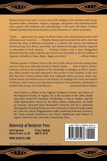 Ein orange-goldener Hintergrund mit schwarzen Mustern. Text über afrikanische Geschichte und Professor Toyin Falola. Links Verlagsinfo.